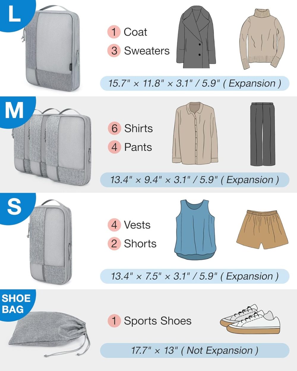 BAGSMART Compression Packing Cubes for Travel, 6 Set Travel Packing Cubes for Carry on Suitcases, Compression Travel Cubes & Suitcase Organizer for Packing with Shoe Bag Grey - Image 2