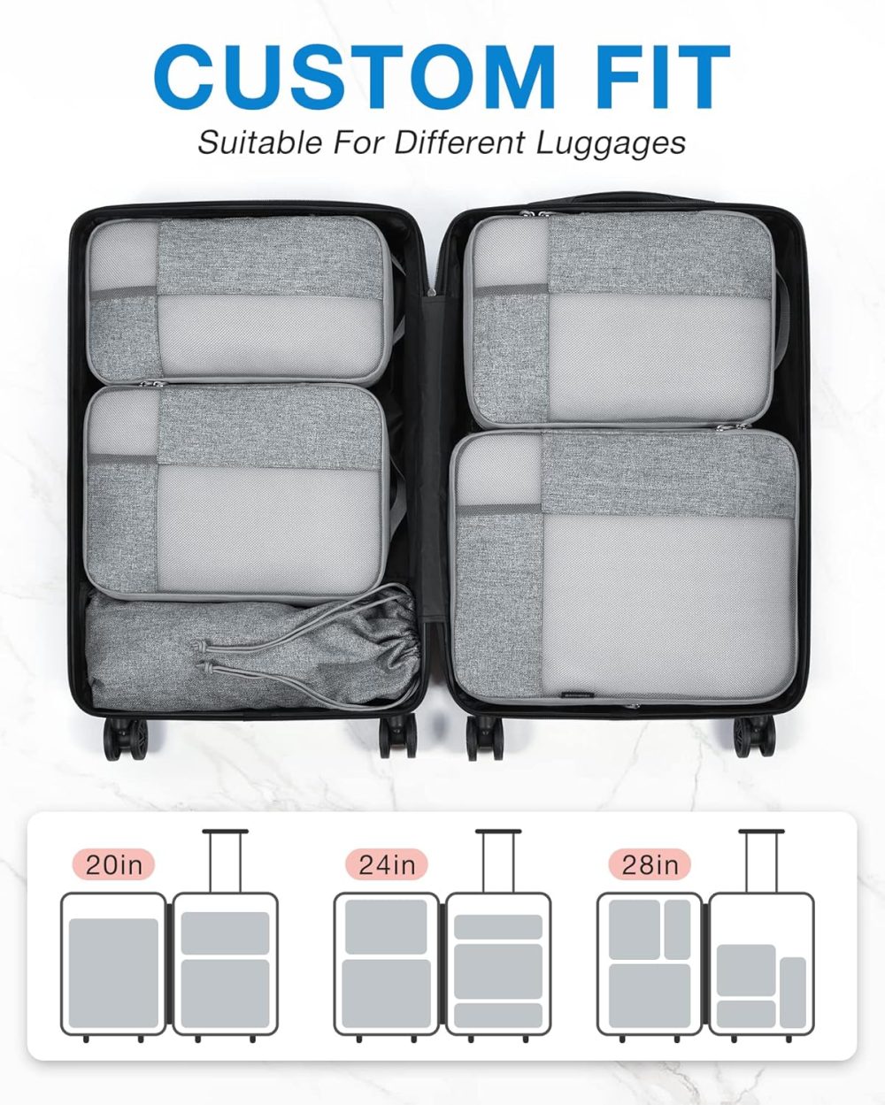 BAGSMART Compression Packing Cubes for Travel, 6 Set Travel Packing Cubes for Carry on Suitcases, Compression Travel Cubes & Suitcase Organizer for Packing with Shoe Bag Grey - Image 3