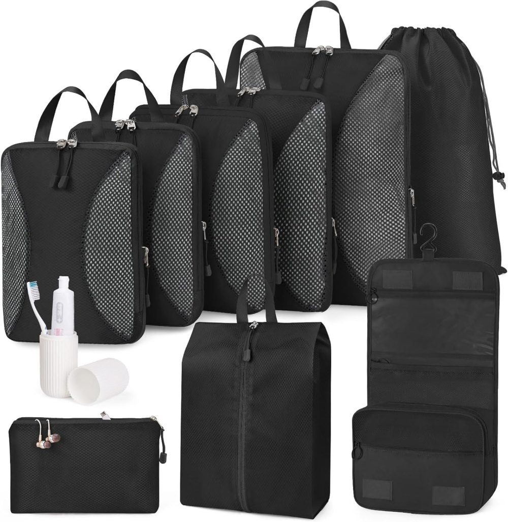 Compression Packing Cubes 10 Sets, Packing Organizers, Extensible Suitcase Organiser Bags, Travel Organizer Cubes for Travel Essentials Black