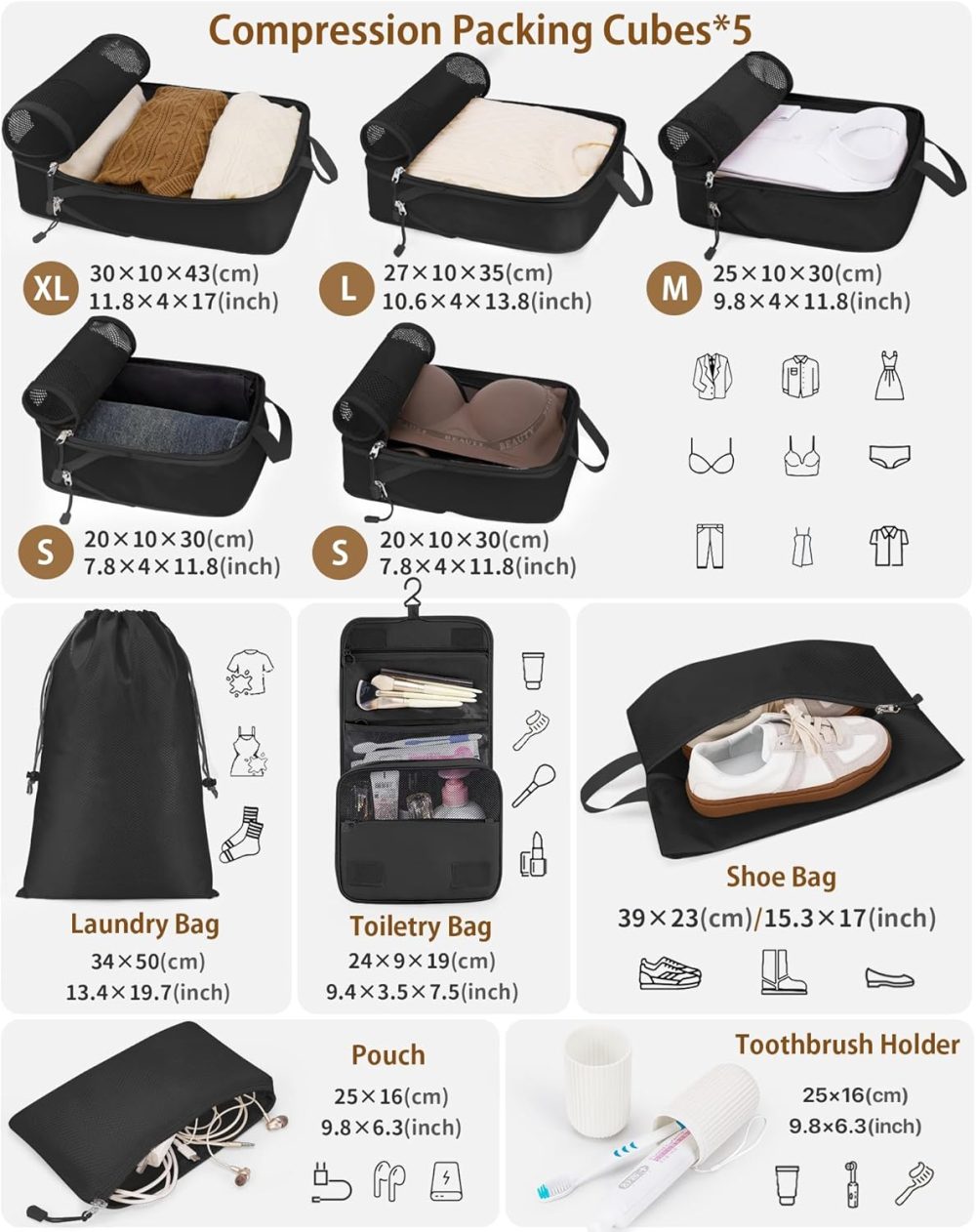 Compression Packing Cubes 10 Sets, Packing Organizers, Extensible Suitcase Organiser Bags, Travel Organizer Cubes for Travel Essentials Black - Image 2