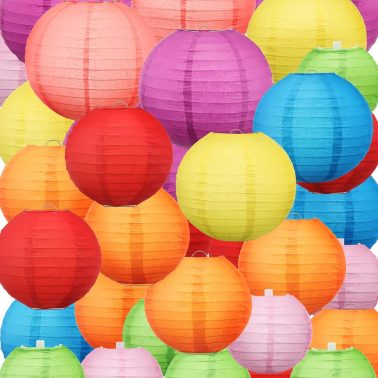 Treela 48 Pcs Colorful Paper Lanterns Multicolor Hanging Lanterns Chinese Round Paper Lanterns 4/6/8/10 Inch Asian Hanging Lamps Decorative for Birthday Party Supplies(Multicolor)